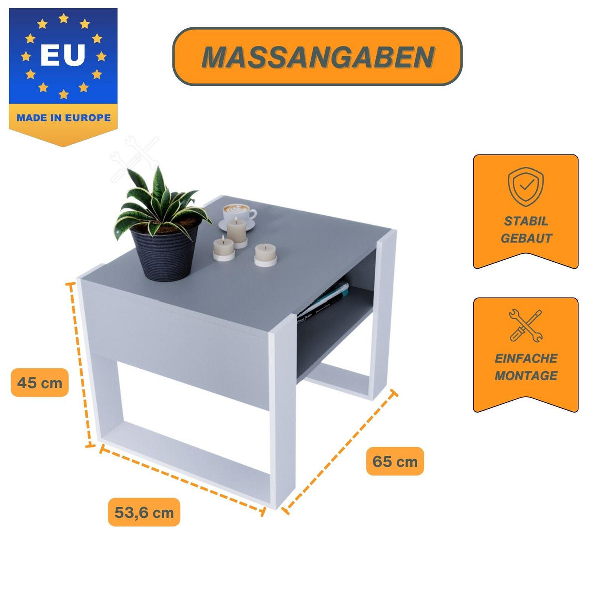 COUCHTISCH Holzwerkstoff rechteckig stabil Dunkelgrau 45/53,6/65cm - Dunkelgrau/Weiß, Holzwerkstoff (53.6/65/45cm) - CraftPAK