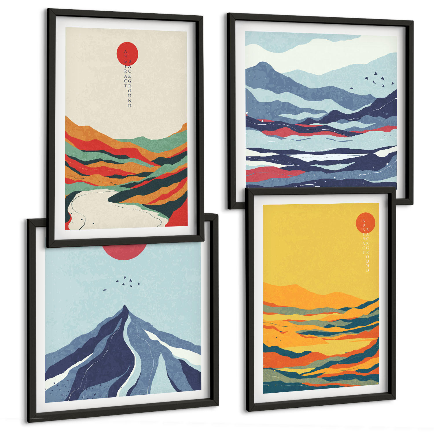 BILDER SET 4er Set - 50x50 cm & 40x60 cm Schwarzer Rahmen - Farbenfrohe abstrakte Flussberge - Schwarz, Kunststoff (50/50cm) - TULUP