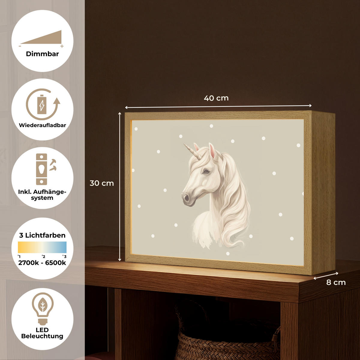 NÁSTĚNNÁ LAMPA S AKUMULÁTOREM Jednorožec - bílý - tečky 40x30 cm - šedohnědá, kompozitní dřevo (40/30/8cm) - OnlyWow
