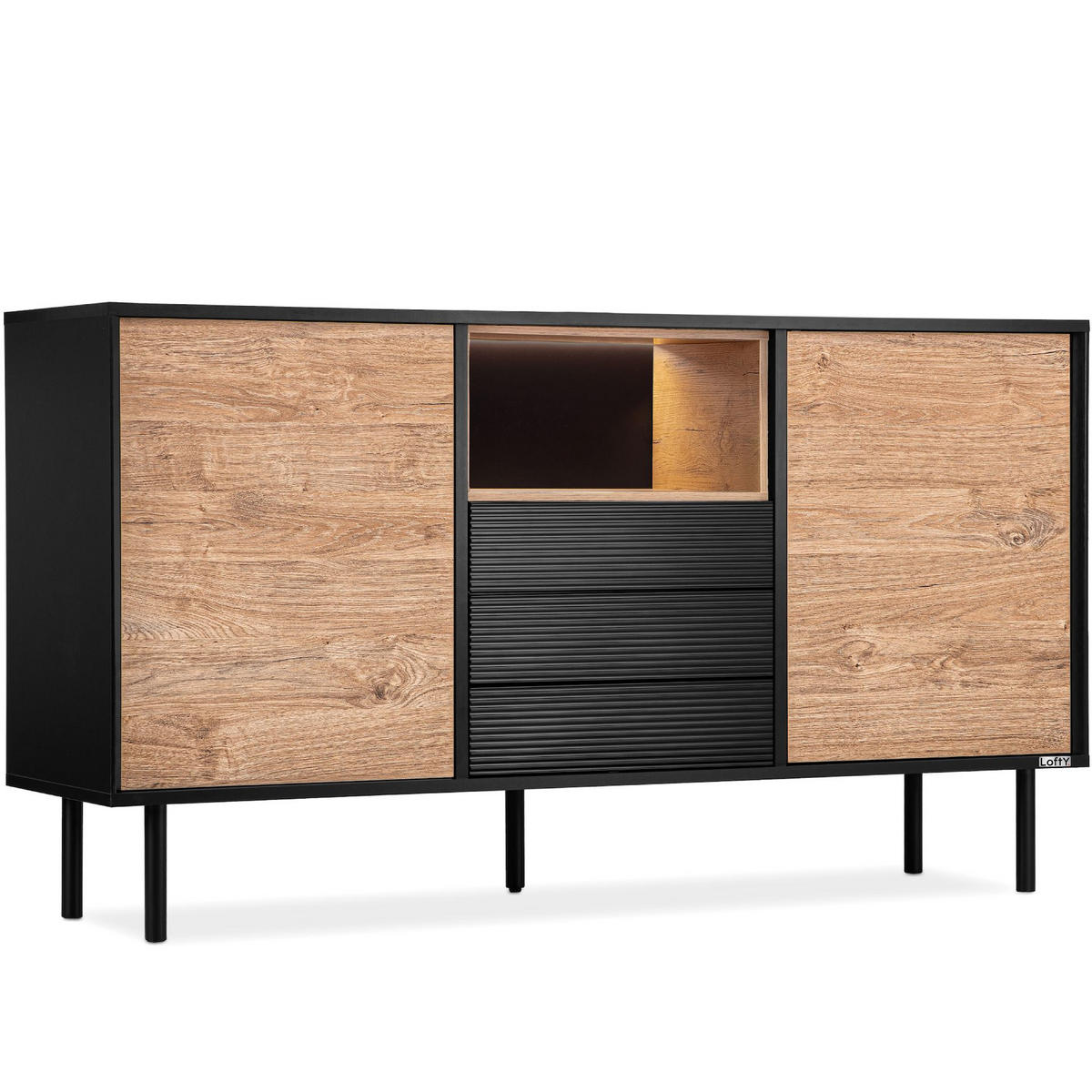 KOMMODE LOFTY Außenseiteneinlage, schwarz / Eiche natur - Eichefarben/Multicolor, Holzwerkstoff (151/84/41cm) - KONSIMO®