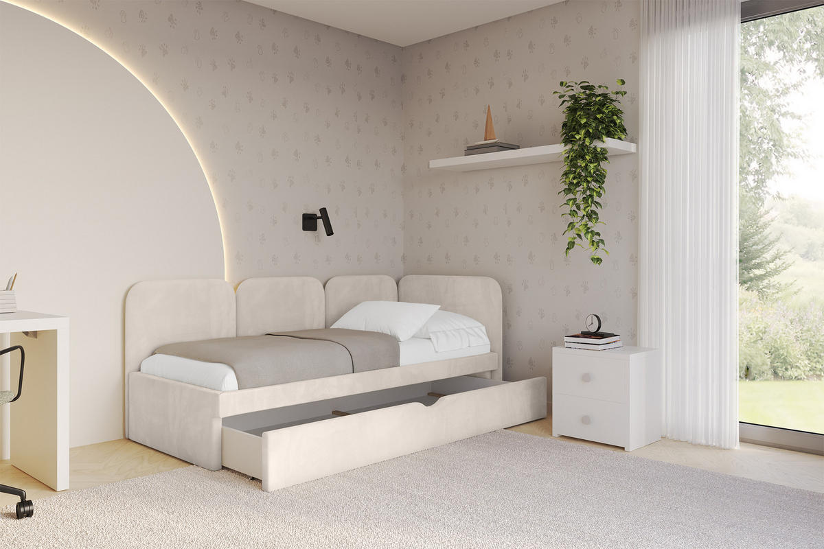 EINZELLBETT Jugendbett mit Bettkasten und Matratze H3/H4, Links - ALVY 100x200 Beige - Ecru, Holzwerkstoff/Textil (100/200cm) - ALTDECOR