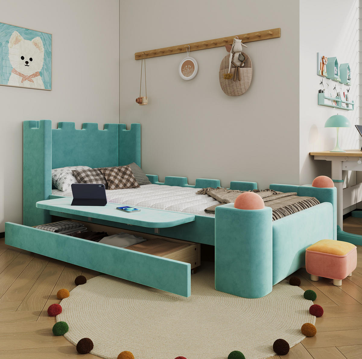 BETT mit Schublade und Klappablage 90x200 cm Samt Blaugrün - Blau, Holzwerkstoff (90/200cm) - Beauniv