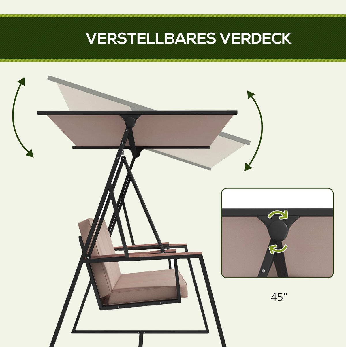 HOLLYWOODSCHAUKEL 205/130/175 cm mit verstellbarem Sonnendach, 3 Sitzkissen und Stahlgestell, Khaki - Beige, Metall (130/175/205cm) - Redom