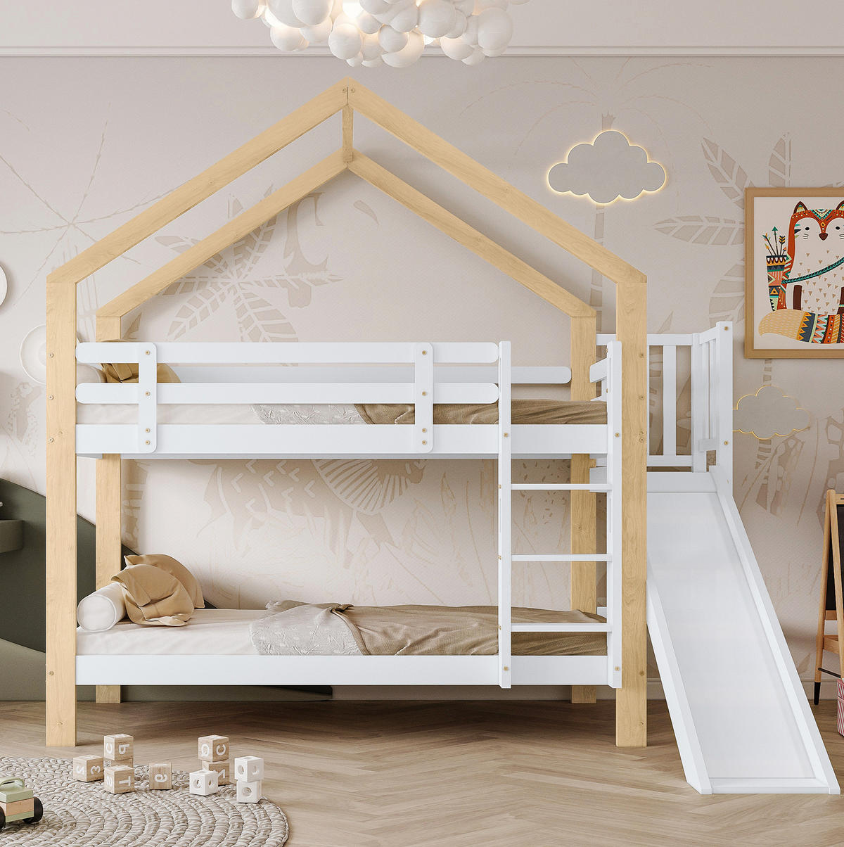 POSCHODOVÁ posteľ 90/200 cm biela/prírodná so šmykľavkou a 3-stupňovým rebríkom z masívneho dreva a MDF - biela, kompozitné drevo (90/200cm) - OKWISH