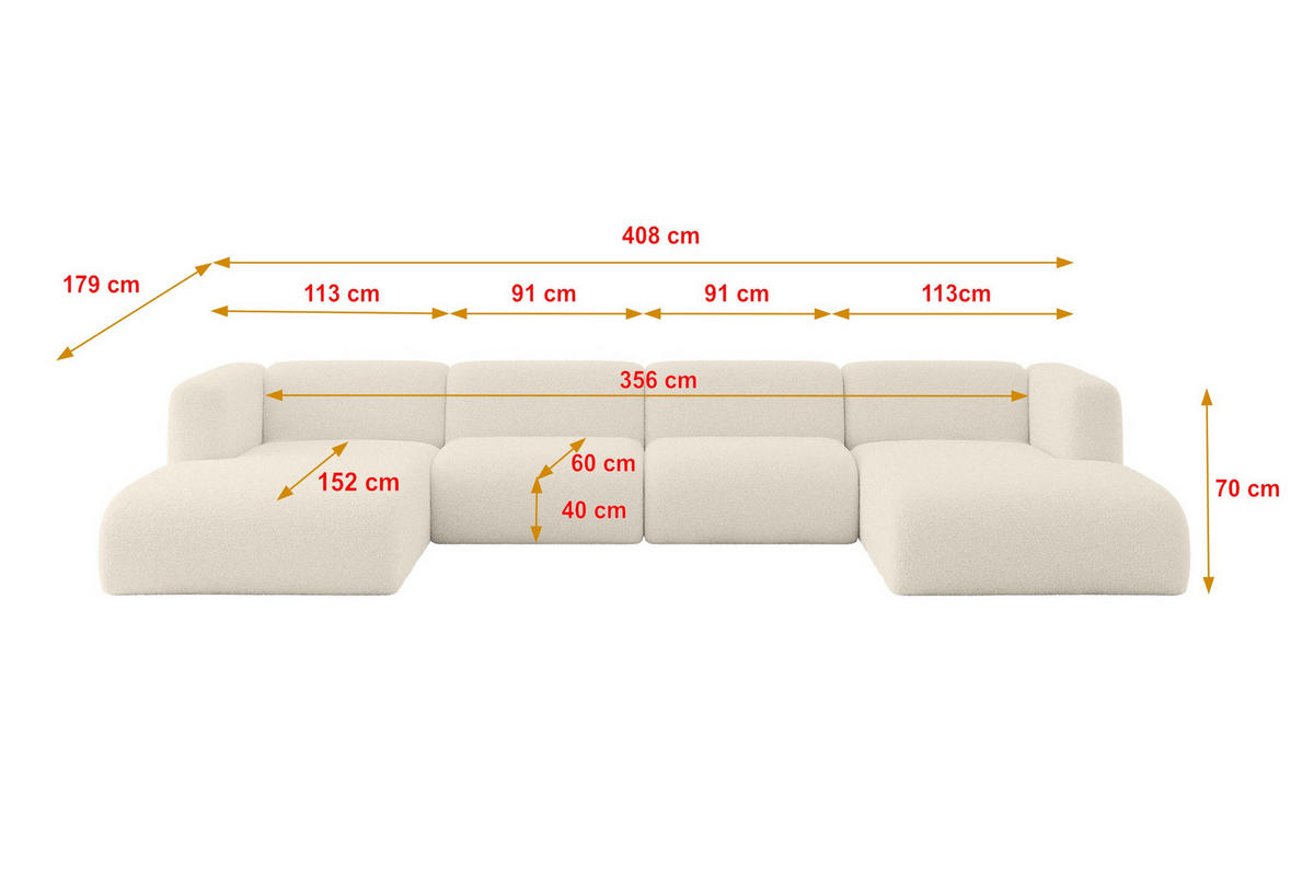 WOHNLANDSCHAFT MIRA-U2 408x179x70 Beige Bouclé - Kaschmir/Beige, Holzwerkstoff/Kunststoff (408/70/179cm) - ALTDECOR