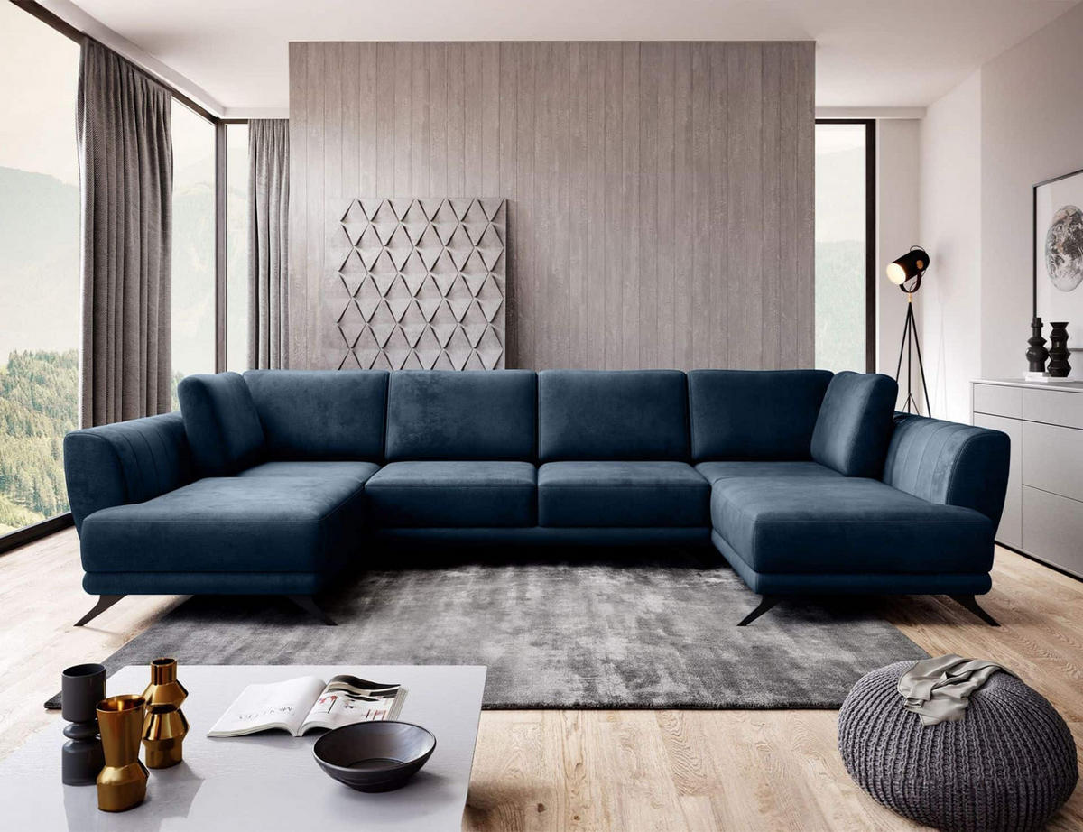 WOHNLANDSCHAFT mit Schlaffunktion & Bettkasten, luxus Nube-Stoff - Schwarz/Dunkelblau, Textil/Metall (362/90/191cm) - Eltap