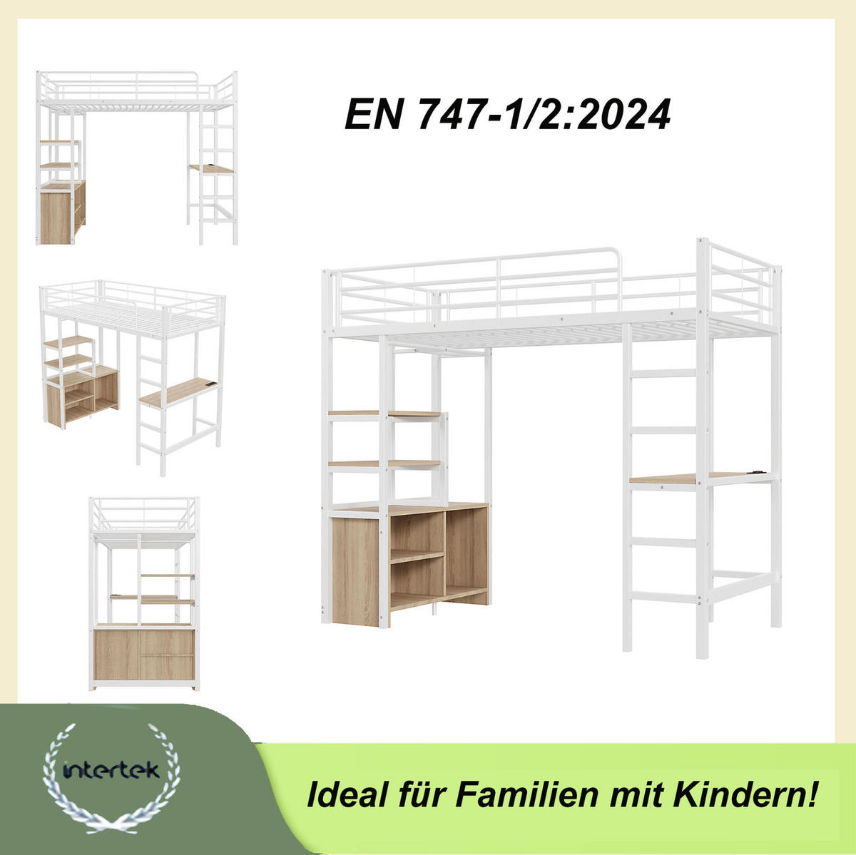HOCHBETT 90/200 cm aus Metall mit Schreibtisch, USB-Anschluss und Regalen Weiß - Weiß, Metall (90/200cm) - Modenvie