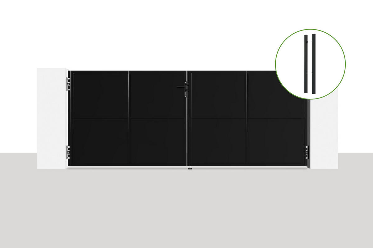 STAHLFLÜGELTOR Nali Mattschwarz 3,5m H.140cm + 2 STAHLPFOSTEN Dario - Schwarz, Metall (343/140cm) - Casanoov