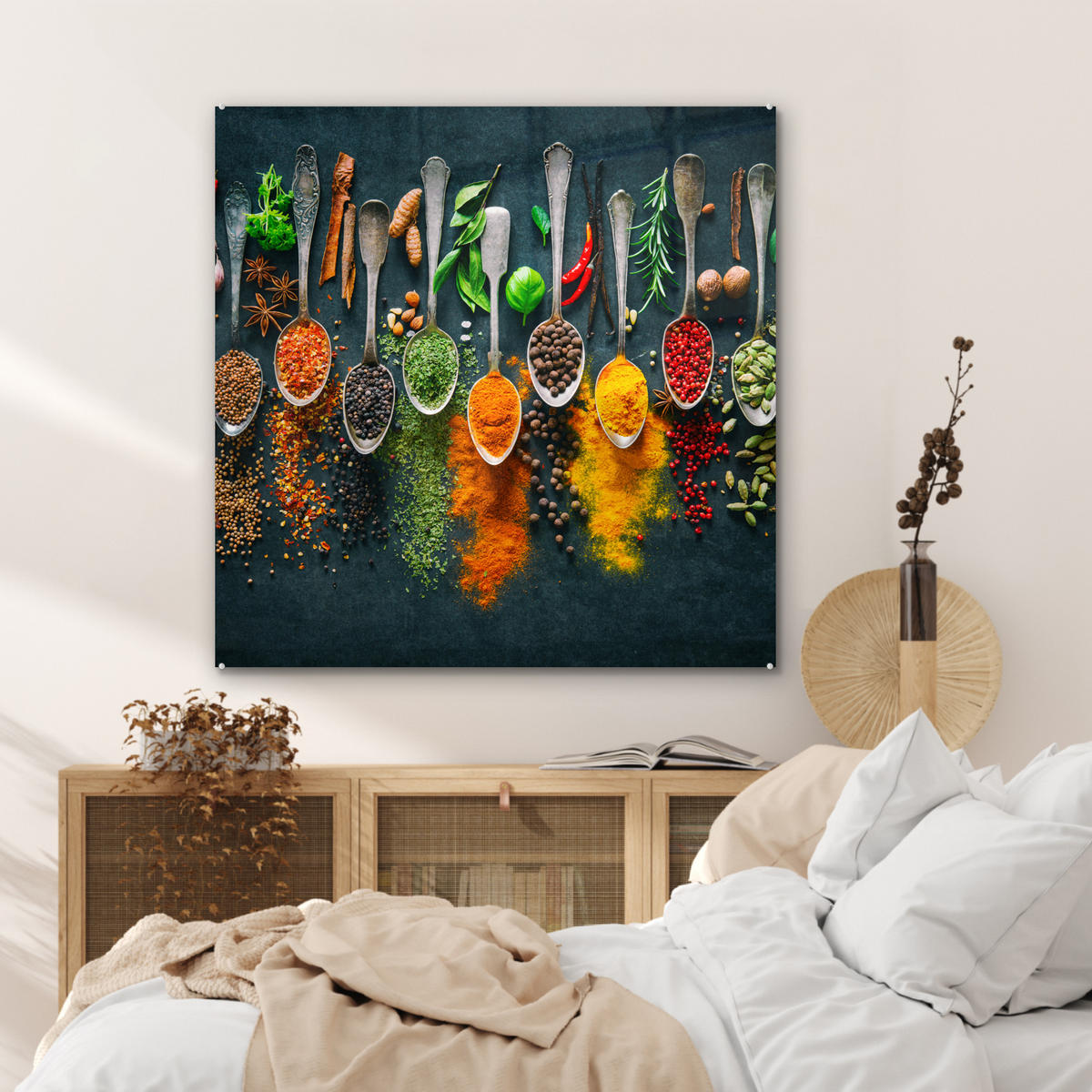 ACRYLGLASBILD Kräuter - Gewürze - Löffel 90x90 cm - Currygelb, Glas (90/90cm) - MuchoWow