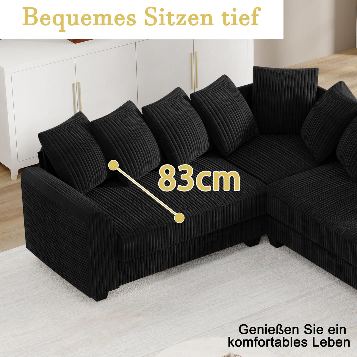 MODULARES L-Ecksofa Cord mit 9 Kissen 202/202/74 cm Schwarz - Schwarz, Textil (202/202cm) - Redom