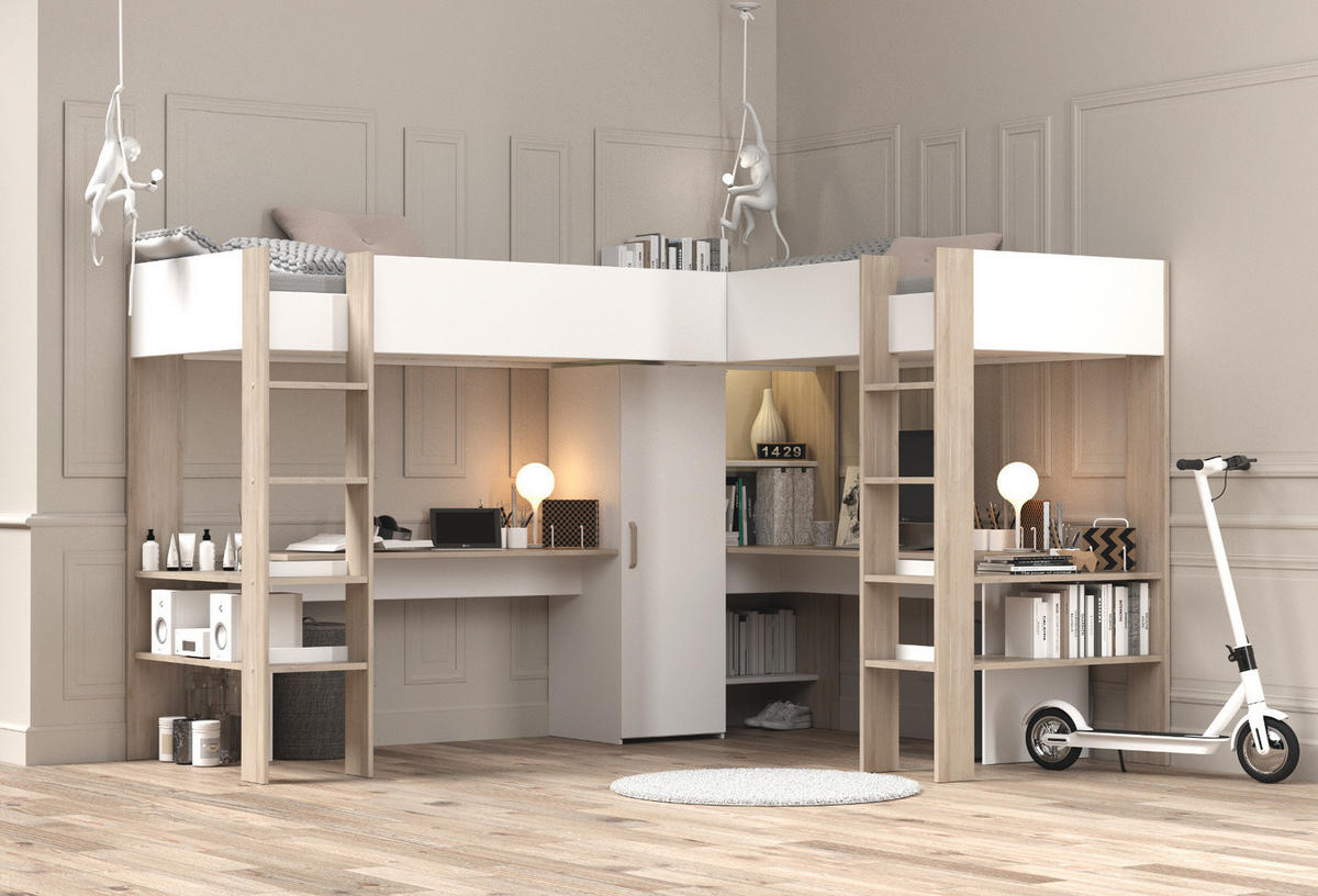 HOCHBETT weiß, Eiche, Kinderzimmer mit 2x Bett Liegefläche 90 x 200 cm - Eichefarben/Silberfarben, Holzwerkstoff/Kunststoff (90/200cm) - Parisot Meuble