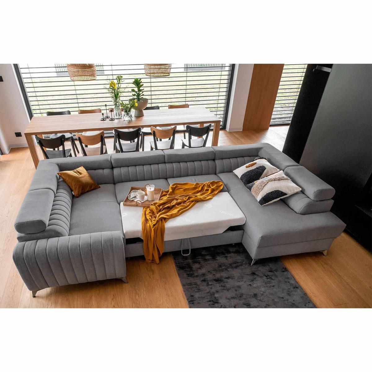 WOHNLANDSCHAFT mit Schlaffunktion und Bettkasten - Silberfarben/Grau, Textil/Metall (347/92/202cm) - Eltap