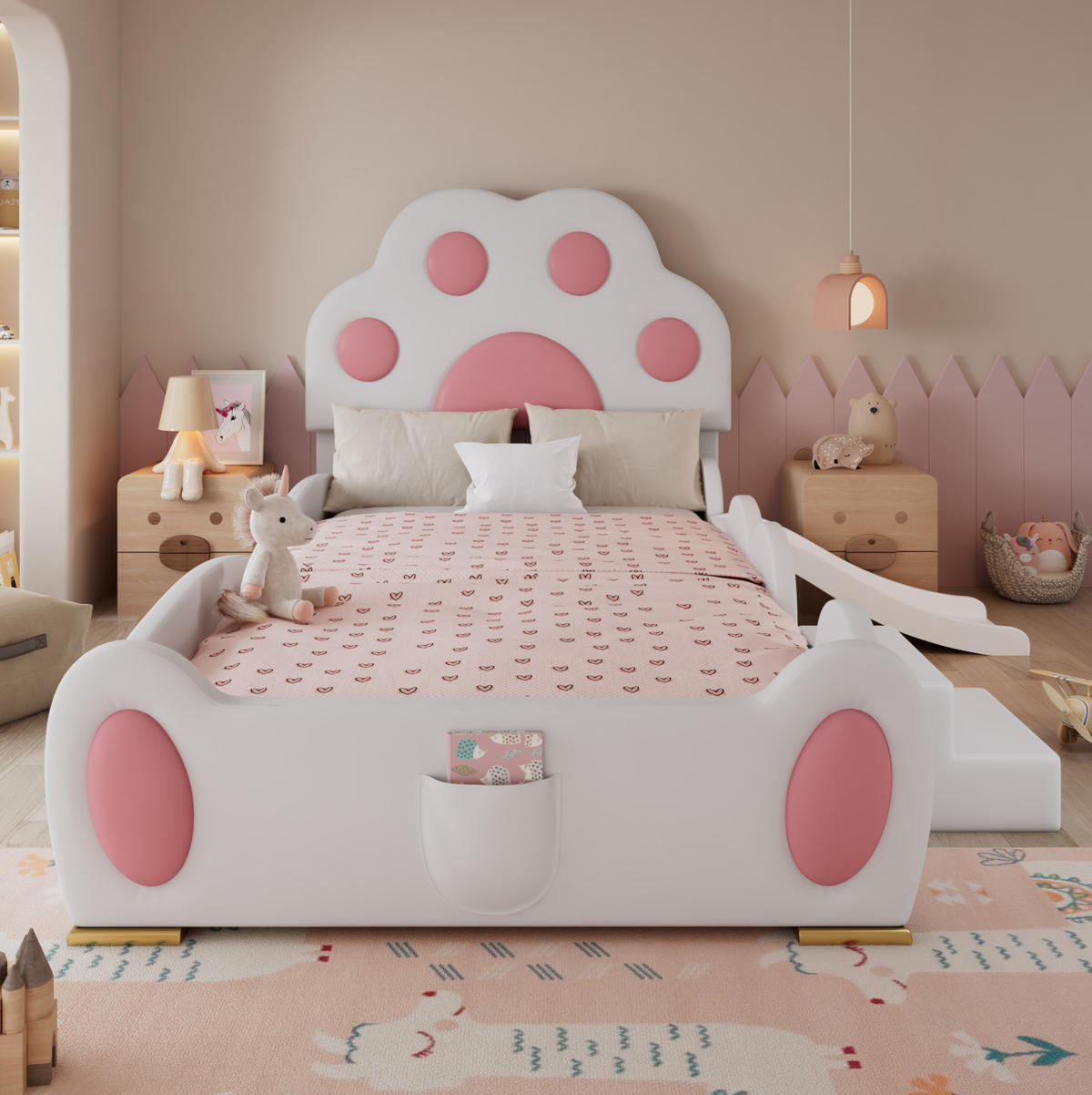 KINDERBETT 90/200 cm mit Rutsche, 2-stufiger Leiter und Katzenpfoten-Kopfteil aus PU, Weiß, Rosa - Rosa, Kunststoff (90/200cm) - Redom