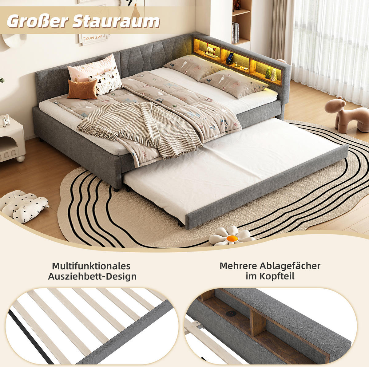 POLSTERBETT 140/200 cm Grau aus Leinen und MDF mit LED-Lichtleiste - Grau, Textil (140/200cm) - OKMYHOME