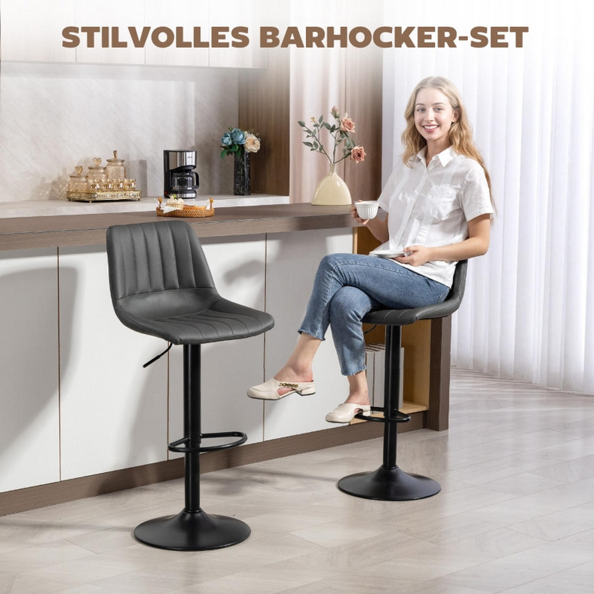 BARHOCKER DE-35975 2er Set mit Kunstlederbezug Dunkelgrau - Dunkelgrau, Metall (49.5/111/43cm) - ComfortXL