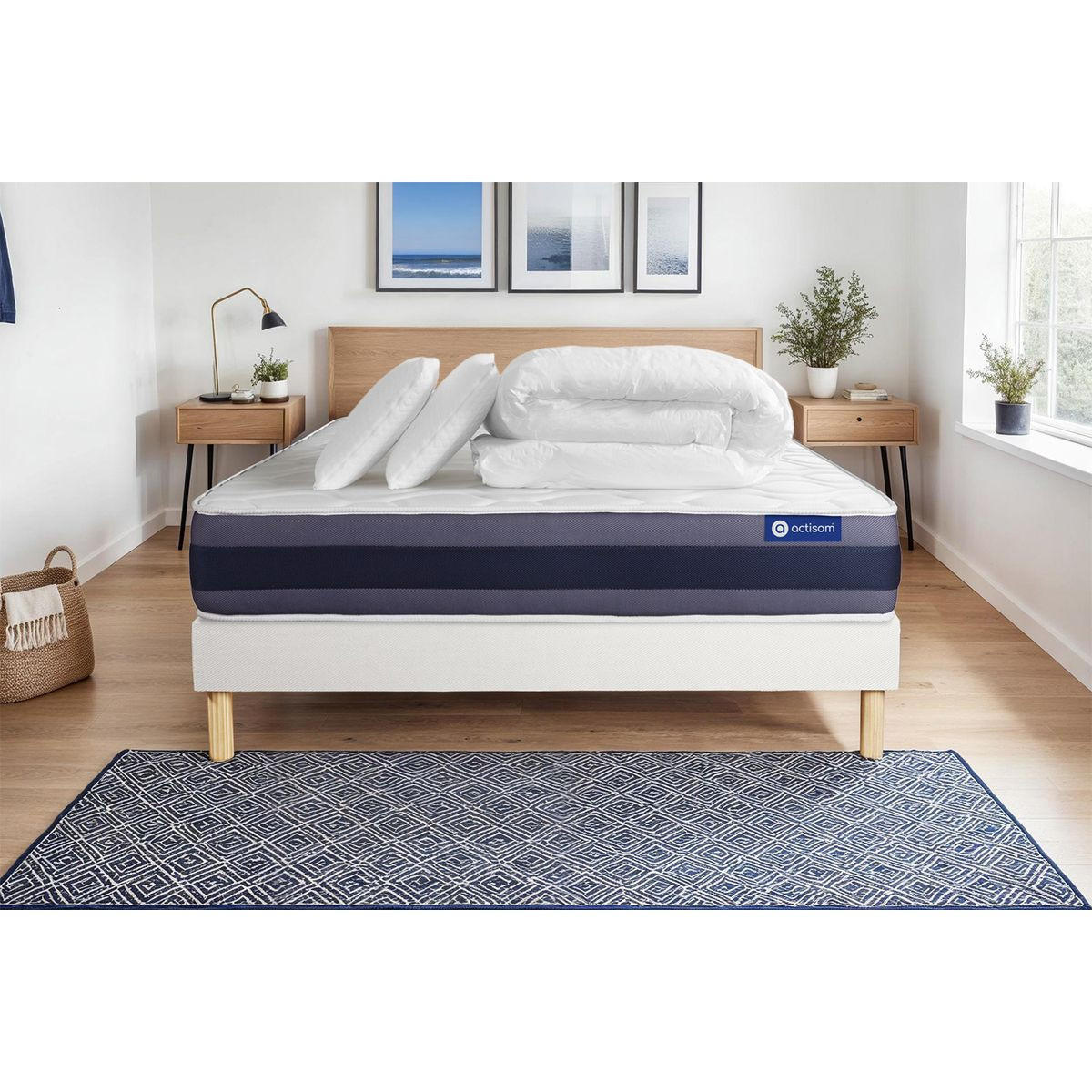 BETT Actiflex morpho Taschenfederkern und Memory-Schaum 140 x 200 cm h1 - Kit Bettgestell Weiß - Mit Kissen und Bettdecke - Beige/Weiß, Karton/Holz (140/200cm) - ACTISOM