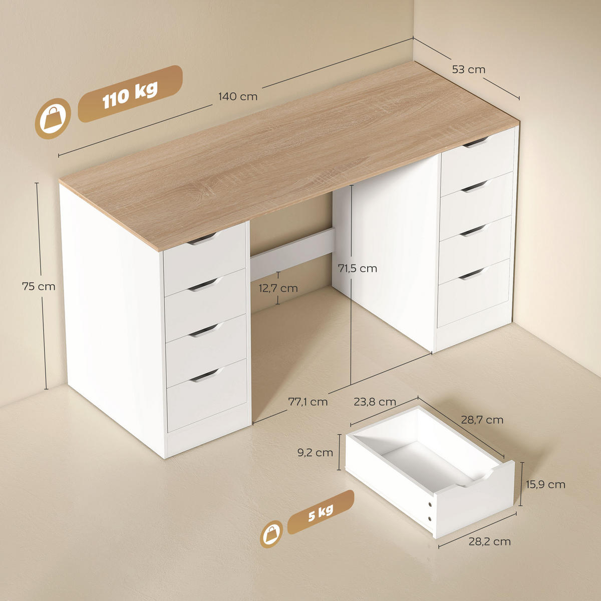 SCHREIBTISCH Naturfarben 53.0/140.0/75.0 cm - Naturfarben, Holzwerkstoff (53/140/75cm)