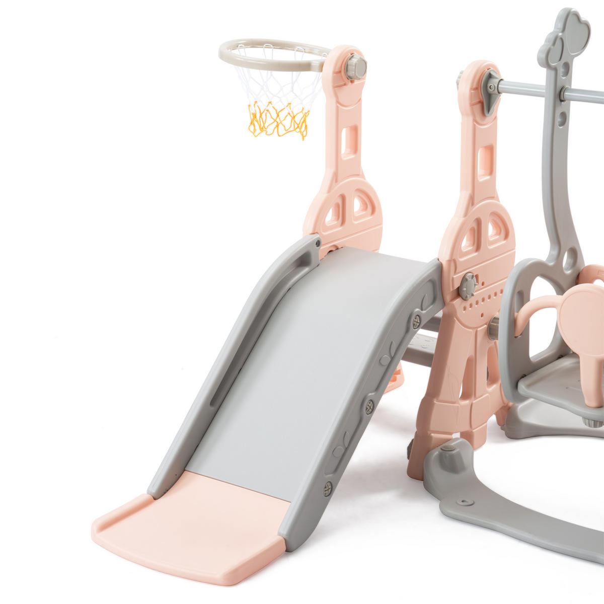 KINDERRUTSCHE 4 in 1 Schaukel Basketball Kletterleiter rosa grau - Rosa, Holz (70/102/70cm) - LEBENLANG