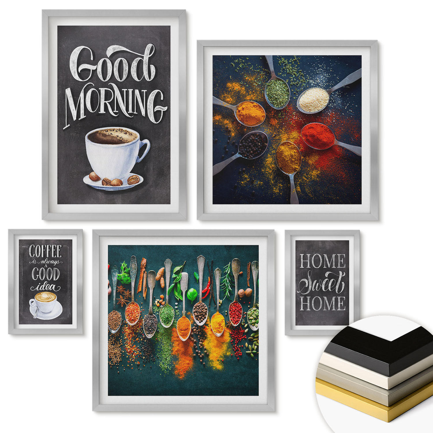 WANDBILDER 5er Set - 50x50 cm & 20x30 cm & 40x60 cm Silberner Rahmen - Gewürze, Kaffee, Tasse, Kräuter - Silberfarben, Kunststoff (40/60cm) - ArtPrintCave