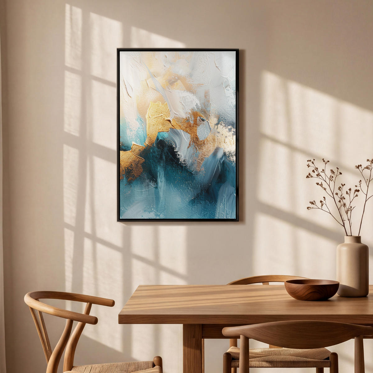 LEINWAND Bilder mit Rahmen - Abstrakt - Kunst - Gold - Blau - 60x90 - Petrol, Textil (60/90cm) - MuchoWow