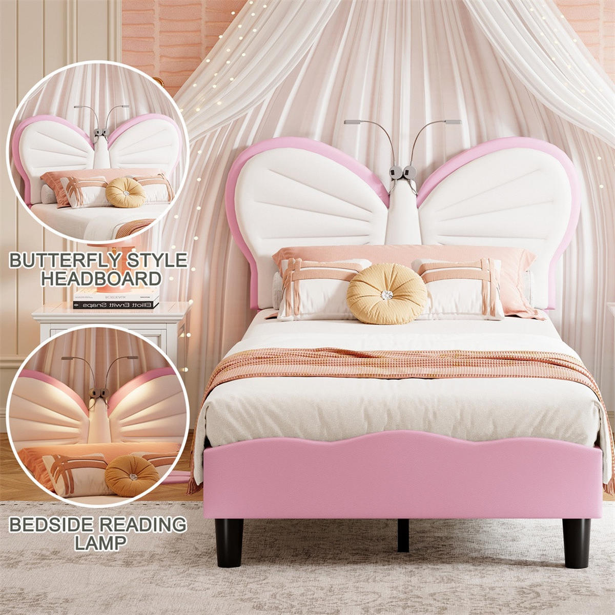 KINDERBETT 90x200 cm - Schmetterling-Design mit LED-Leseleuchten und verstellbarem Kopfteil - ohne Matratze - Weiß&Rosa - Pink, Holz (90/200cm) - DELFA