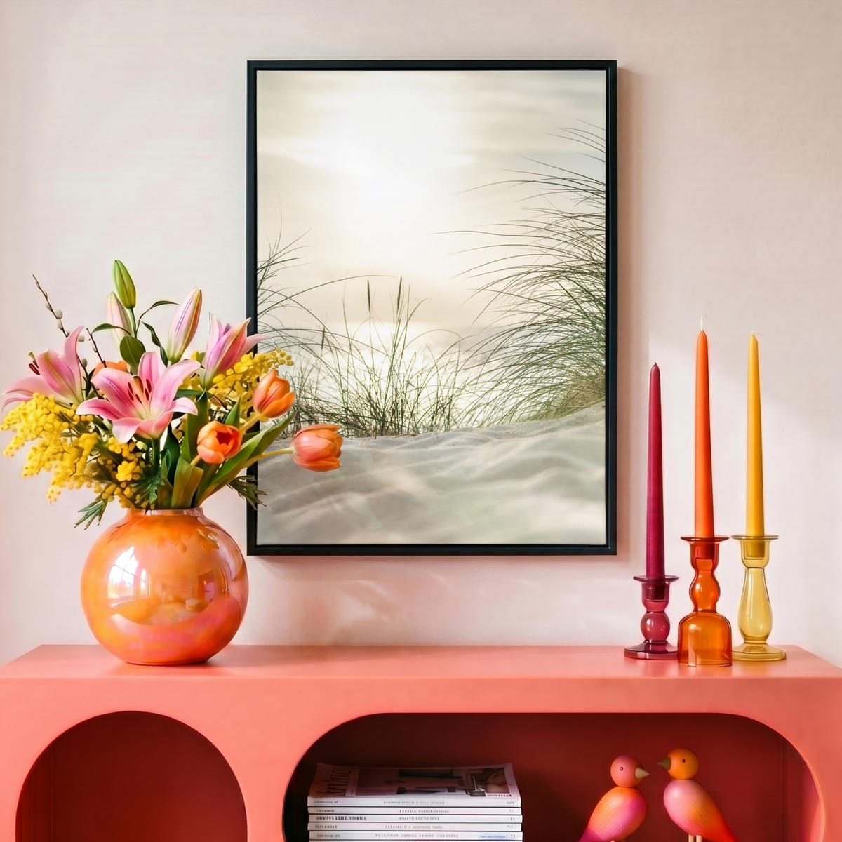 LEINWAND Bilder mit Rahmen - Dünen mit Strandhafer in der Sonne des Nationalparks Schleswig-Holsteinisches Wattenmeer - 30x40 - Creme, Textil (30/40cm) - MuchoWow