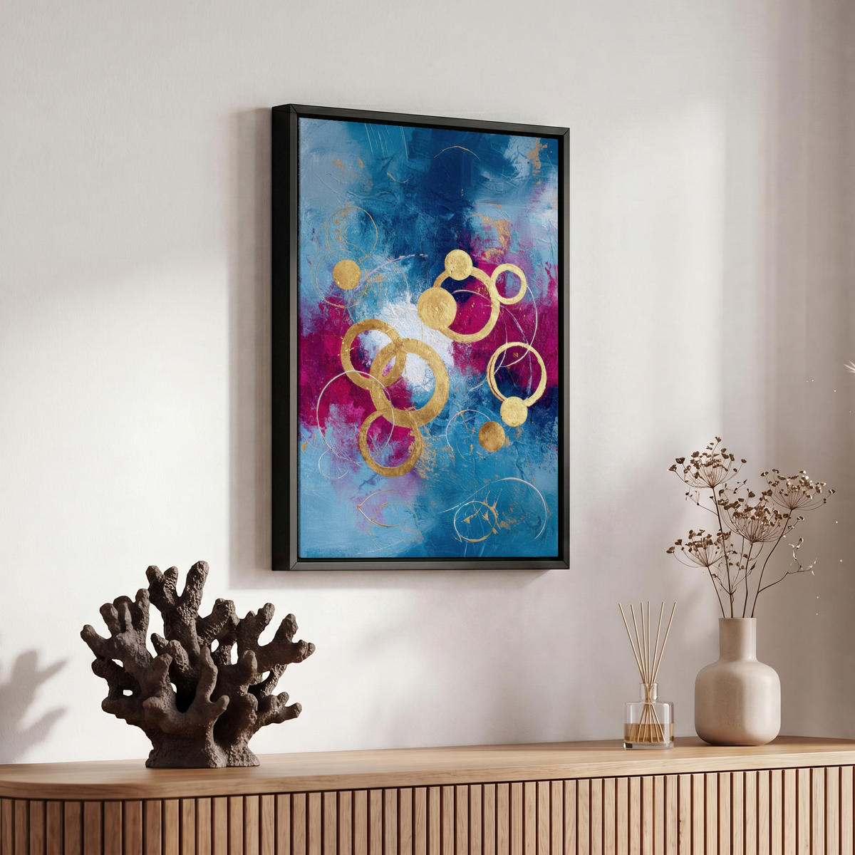 LEINWAND Bilder mit Rahmen - Kreise - Gold - Abstrakt - 20x30 - Blau, Textil (20/30cm) - MuchoWow