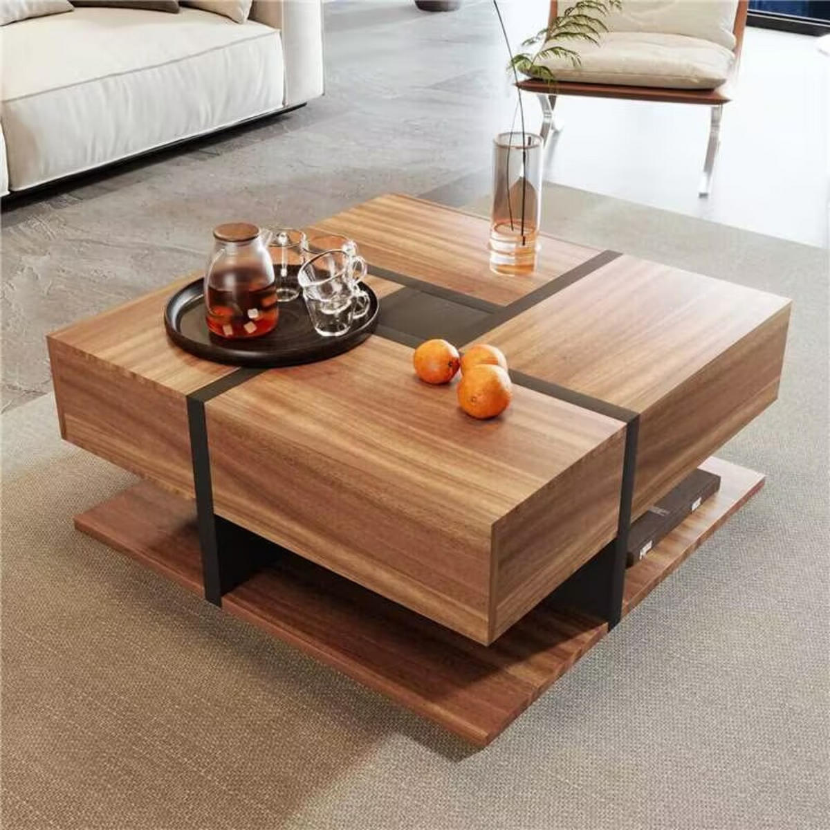 COUCHTISCH 4 Schubladen 78x78cm Linien-Design Natur - Braun, Holz (60/39/29.5cm) - FLIEKS