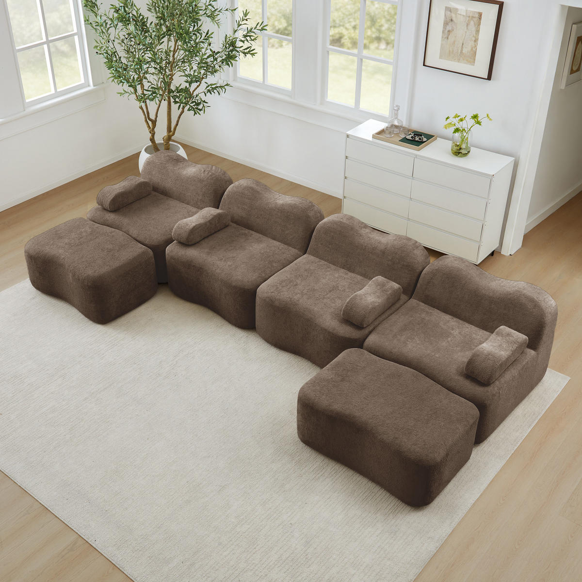 4-SITZER Sofa 384x167x70 cm aus Samtstoff rahmenlos modular, braun - Braun, Textil (167/70/384cm)