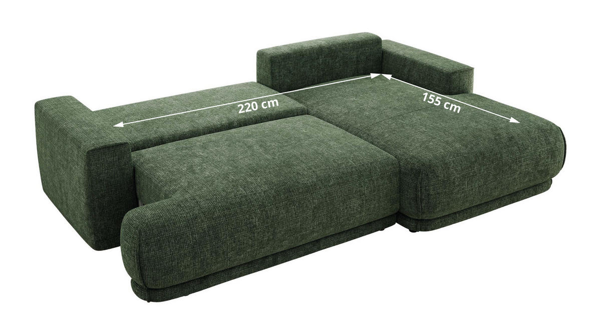 ECKSCHLAFSOFA RINA L Dunkelgrün Schenille grob gewebt - links - Dunkelgrün/Schwarz, Kunststoff/Textil (267/170cm) - MKS