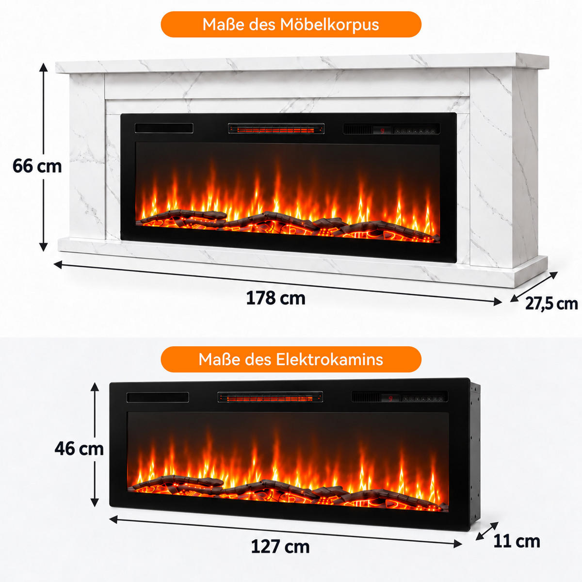 ELEKTROKAMIN 50E-2, 50 Zoll, 1000/2000 W Heizleistung, Steuerung über App - Weiß, Holzwerkstoff (27.5/66/178cm)