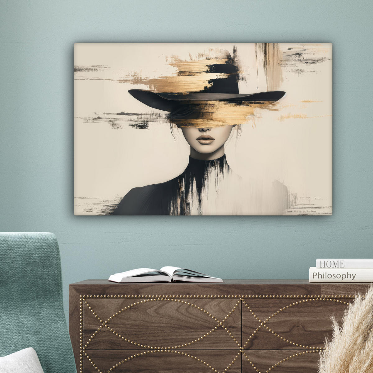 LEINWANDBILD Frau - Hut - Farbe Gemälde 60x40 cm - Goldfarben, Textil (60/40cm) - MuchoWow