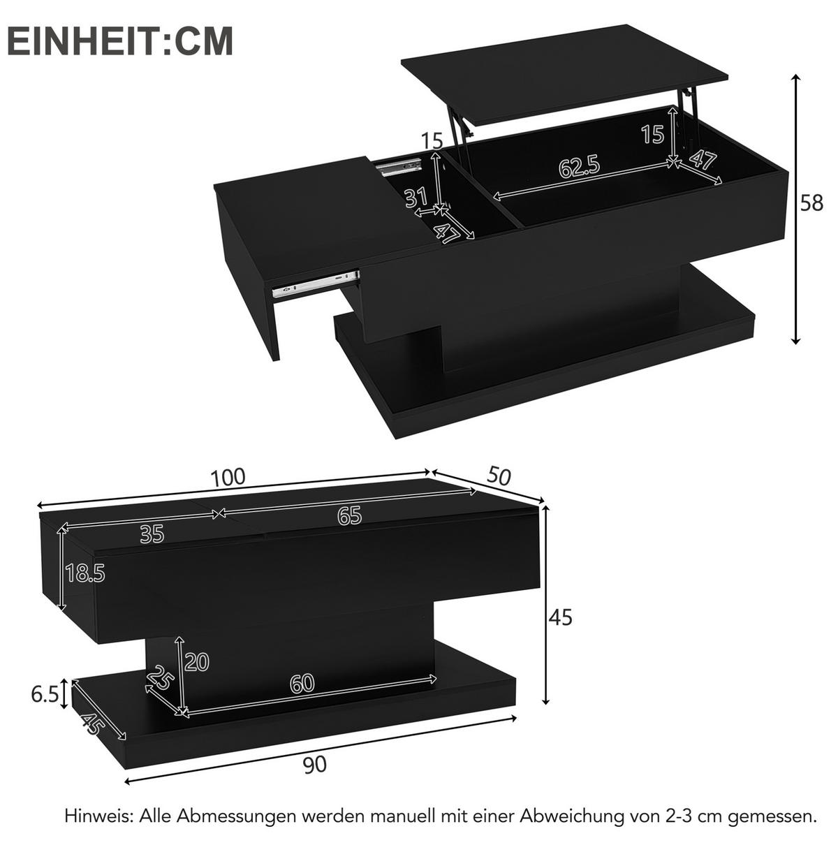 COUCHTISCH 100/50/45 cm schwarz mit hydraulischem Lift und LED-Beleuchtung - Schwarz, Holzwerkstoff (100/50/45cm) - OKWISH