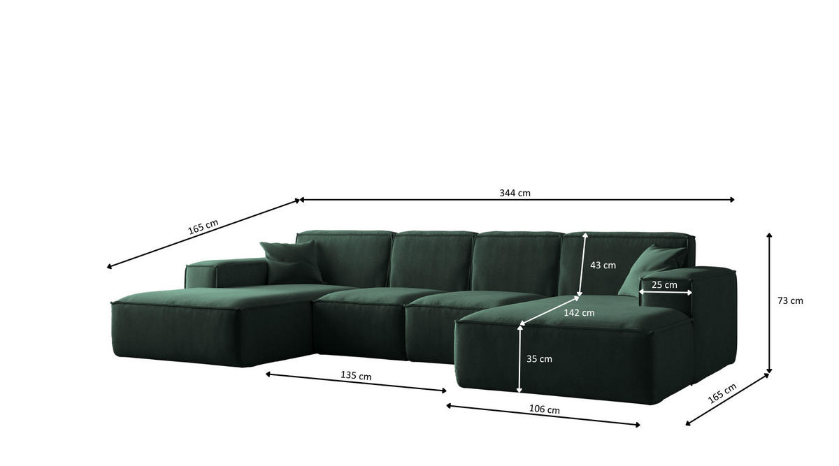 ECKSOFA U-Form Siena, U-förmiges Ecksofa, Stoff Salvador Grün - Grün, Holz/Textil (344/165cm) - Kaiser Möbel