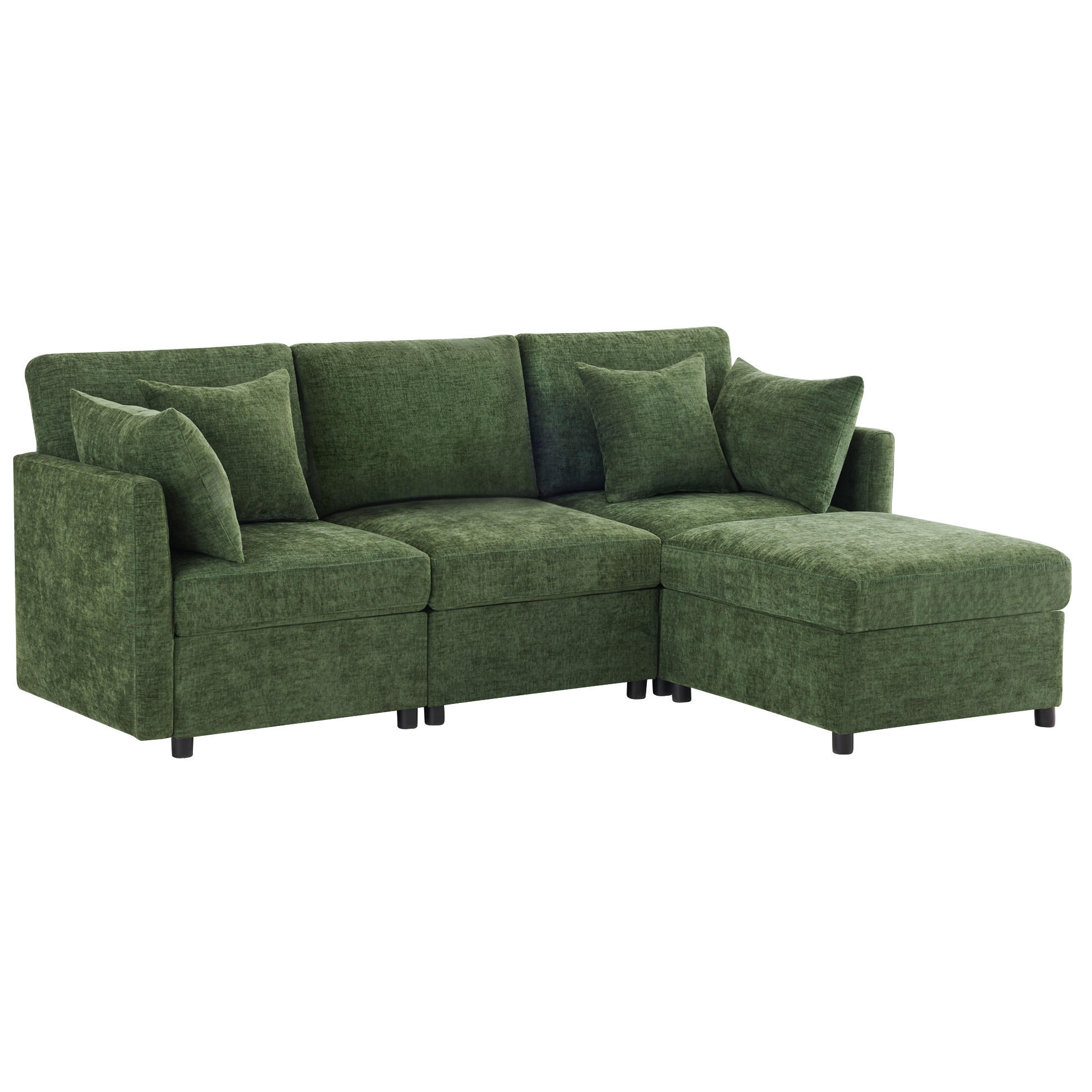 Modfu ROHOVÁ pohovka z chenilu 216x161x81 cm zelená s pohyblivým taburetem, modulárním uspořádáním a 4 polštáři