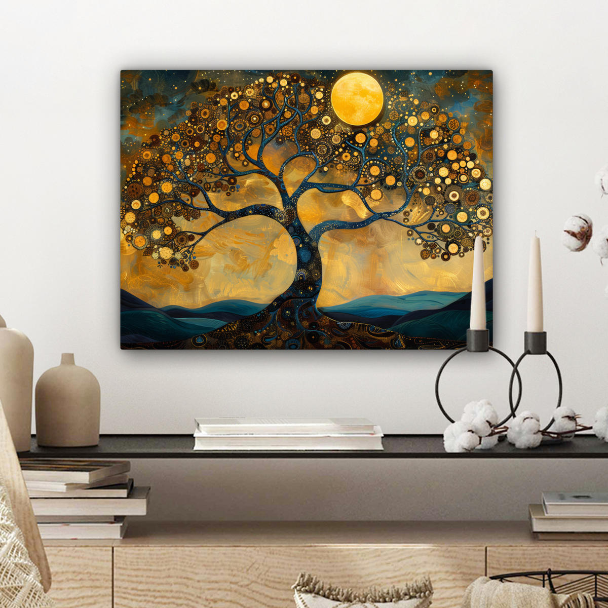 LEINWANDBILD Baum - Mond - Blumen - Gold - Kunst Wandbild 40x30 cm - Orange, Textil (40/30cm) - MuchoWow