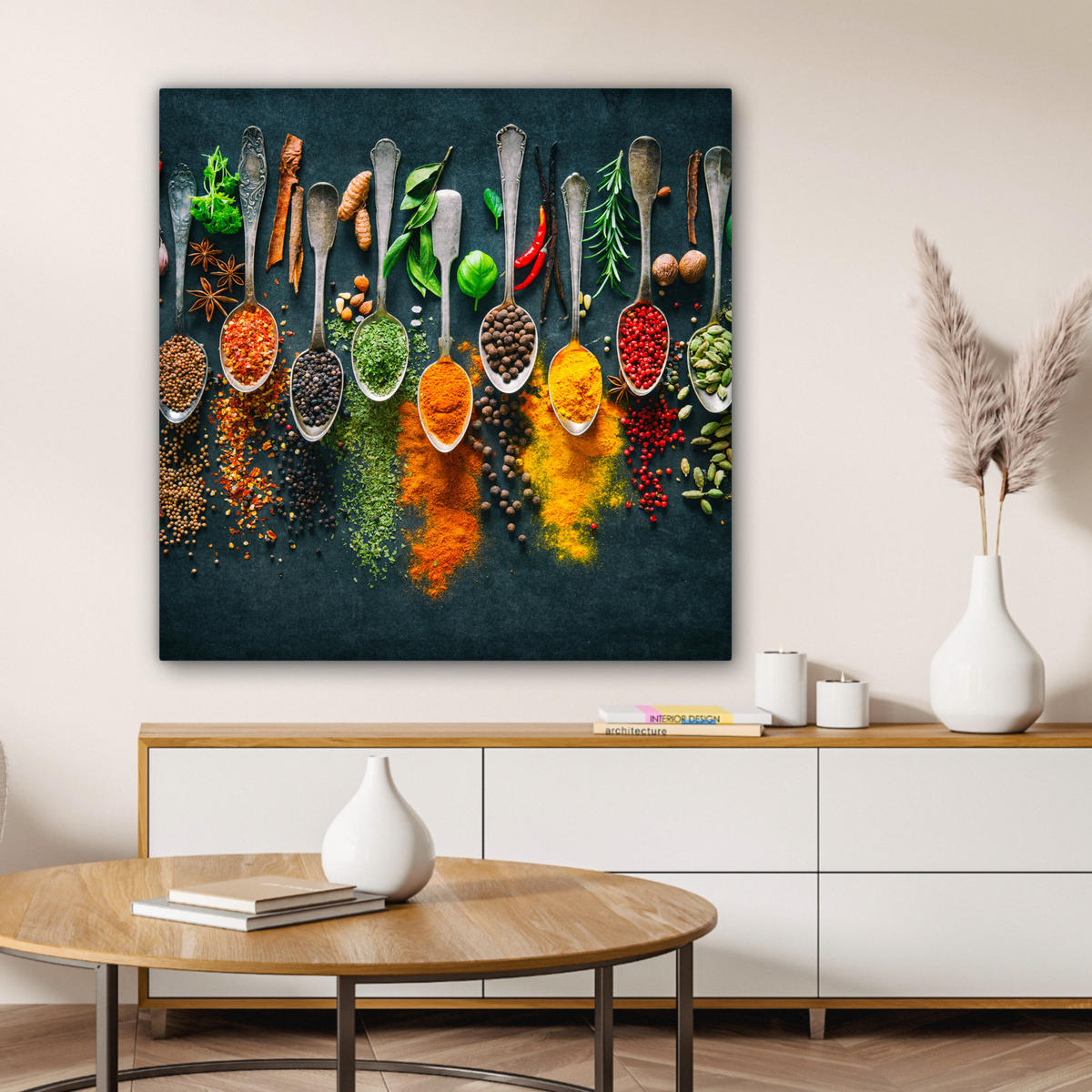 LEINWANDBILD Kräuter - Gewürze - Löffel Deko Groß 90x90 cm - Currygelb, Textil (90/90cm) - MuchoWow