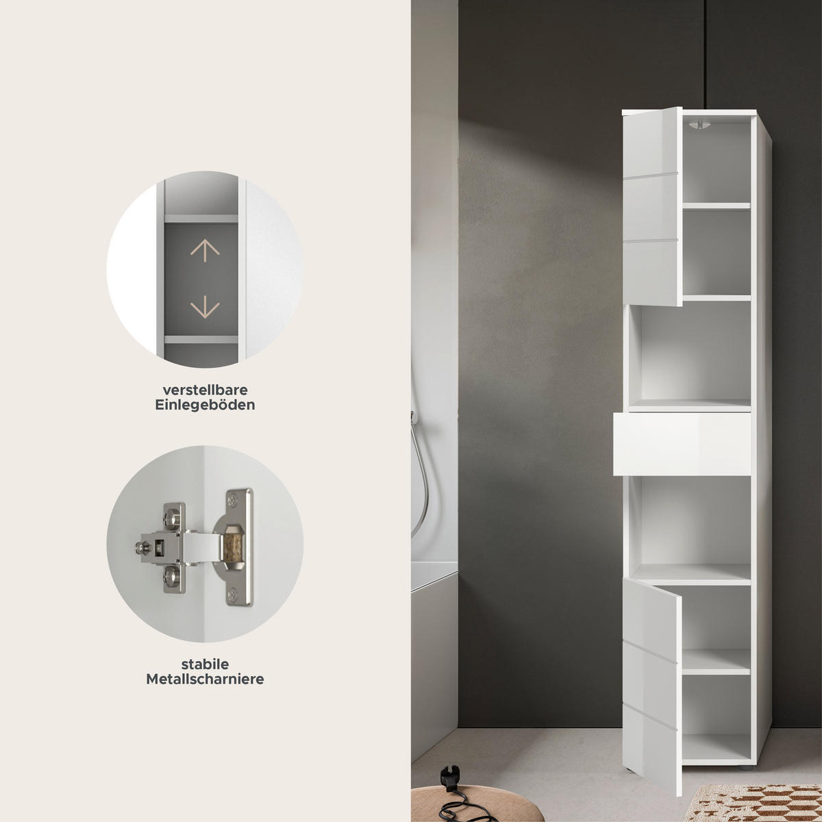 HOCHSCHRANK VIRA (B/H/T: ca. 38/190/34 cm) in weiß/weiß hochglanz - Weiß, Holzwerkstoff (38/190/34cm)