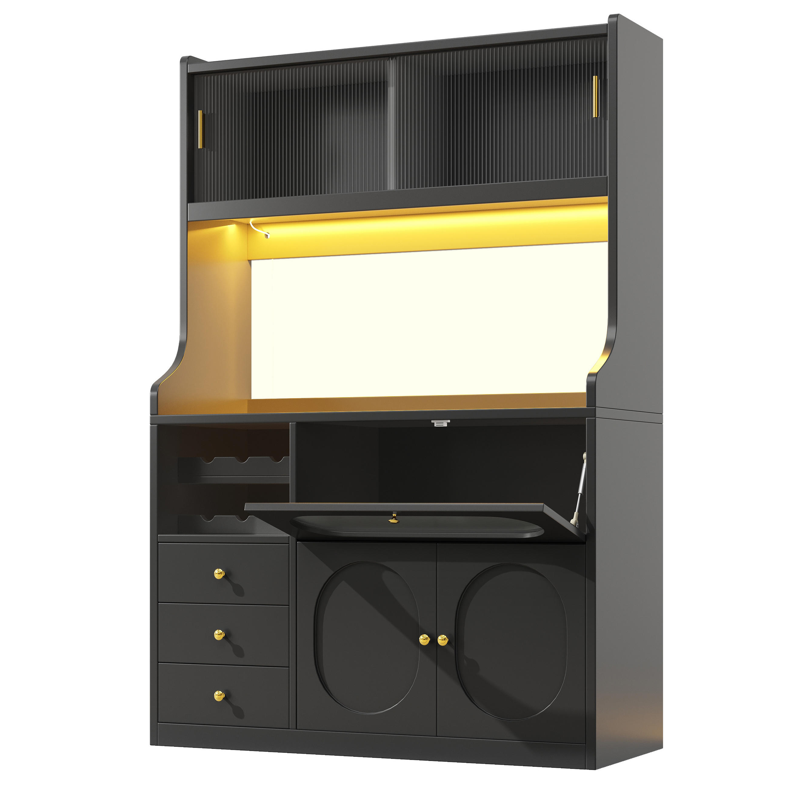 BUFFET DE-38487 120/40/180 cm mit LED-Beleuchtung und Weinregal Schwarz - Schwarz, Holzwerkstoff (120/180/40cm) - ComfortXL