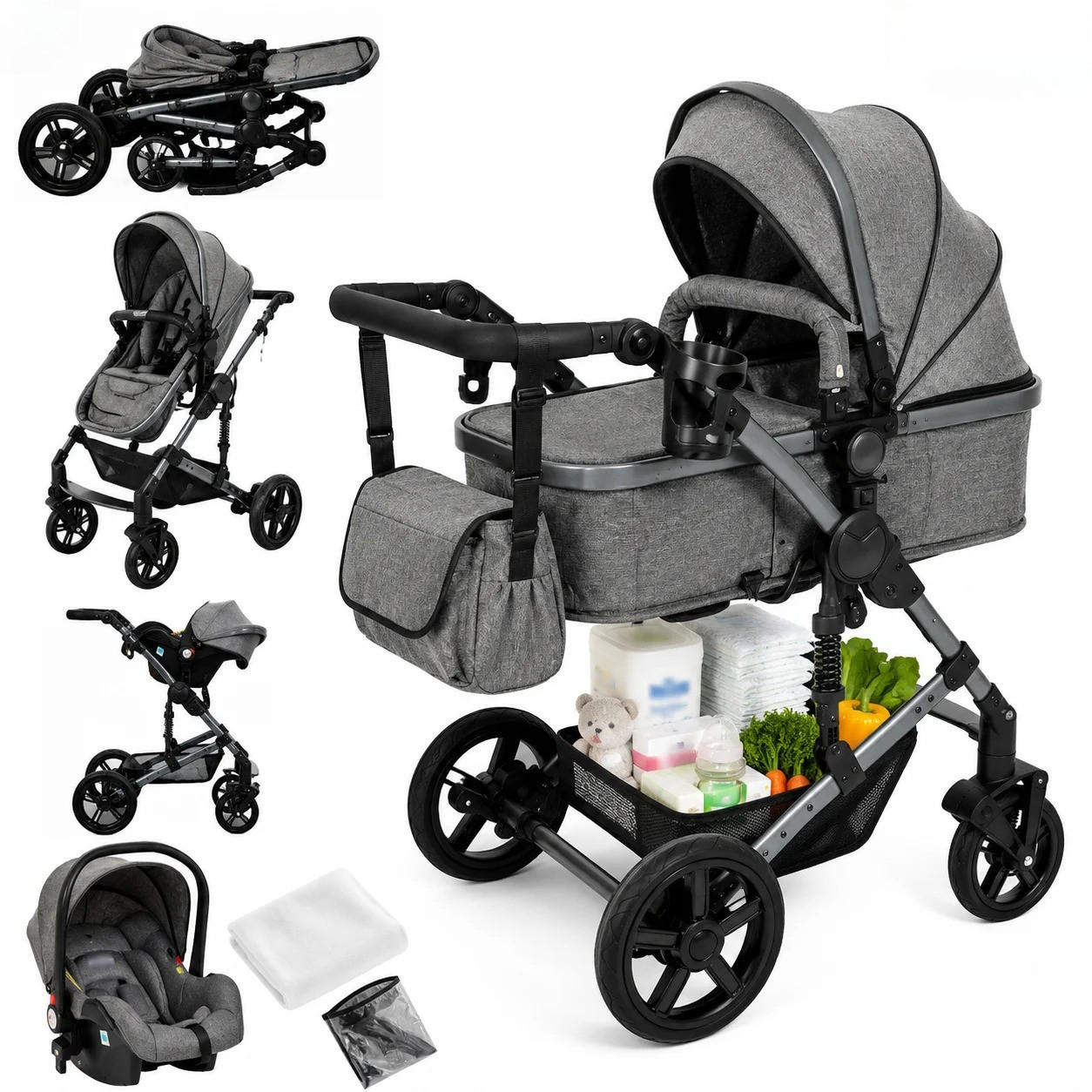 KINDERWAGENSET 3-in-1 mit Autositz, UV-Schutz, GRAU - Grau, Metall (80/60cm) - Kaket