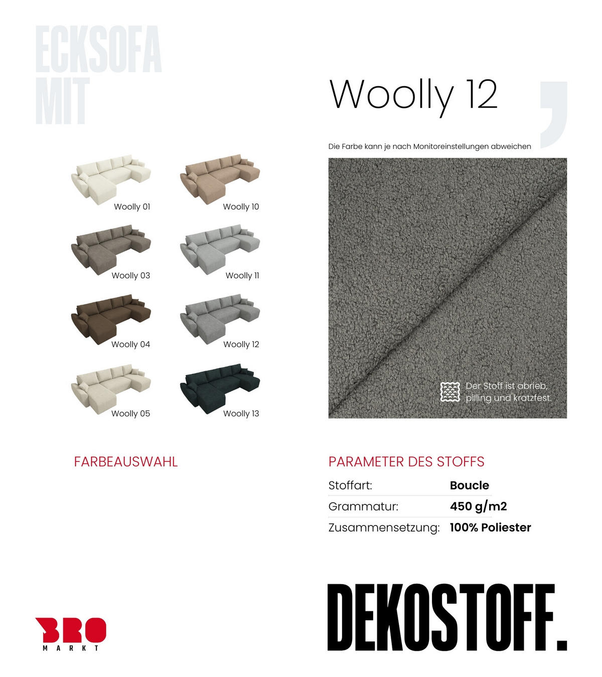 WOHLANDSCHAFT Rotterdam U mit Schlaffunktion Grau Bouclé - Grau, Textil (310/80/141cm) - Bromarkt