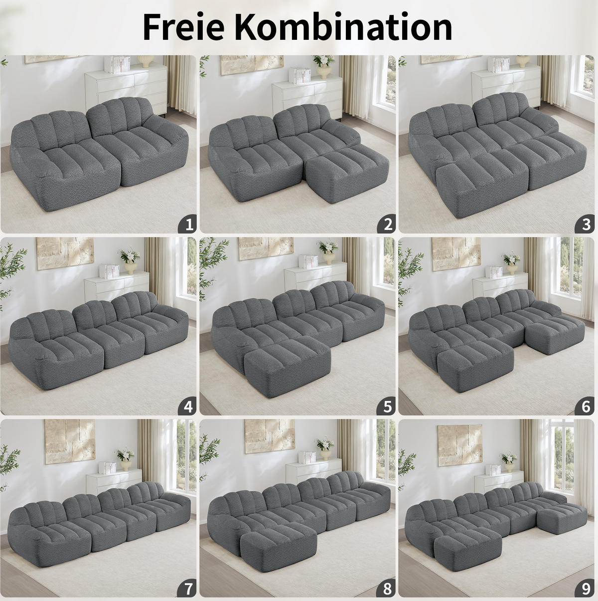 MODULARES 3-Sitzer-Sofa aus granuliertem Fleece mit Ottoman und tiefem Sitz Grau - Grau, Textil (104/79/288cm) - Modenvie