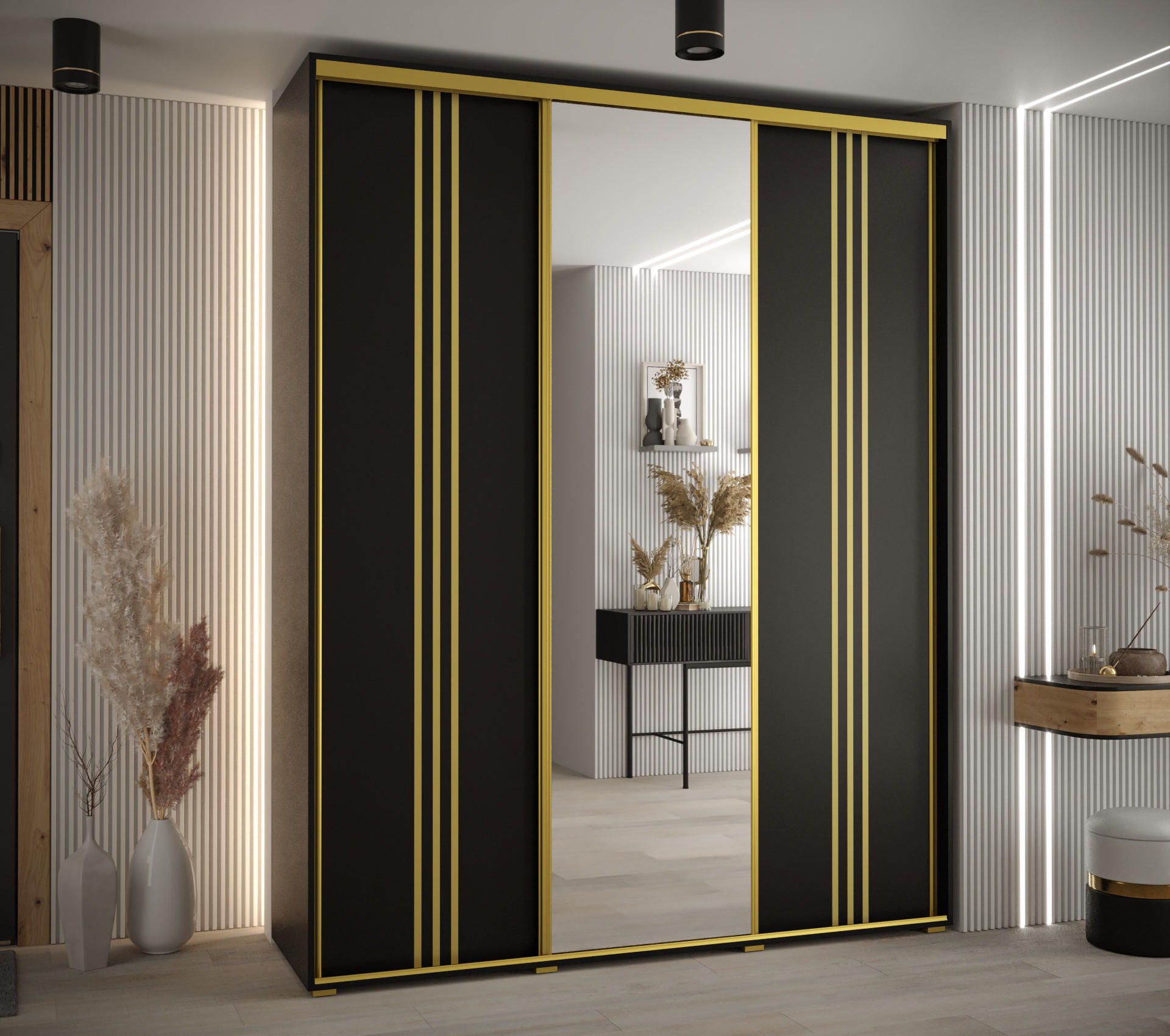 SCHWEBETÜRENSCHRANK 235,2/190/60 3-türig - Goldfarben/Schwarz, Holz/Metall (190/235/60cm) - Abiks Möbel