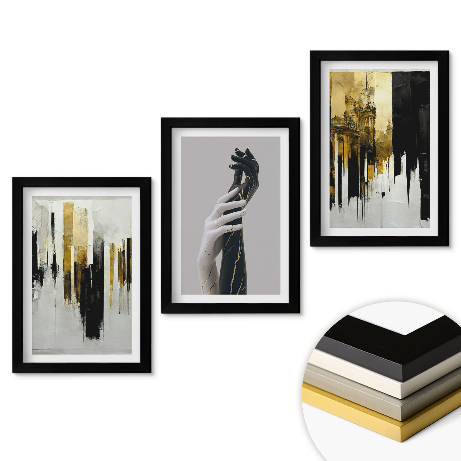 WANDBILDER 3er-Set - 20x30 cm Schwarzer Rahmen - Abstrakte handgemalte Muster - Schwarz, Kunststoff (20/30cm) - ArtPrintCave