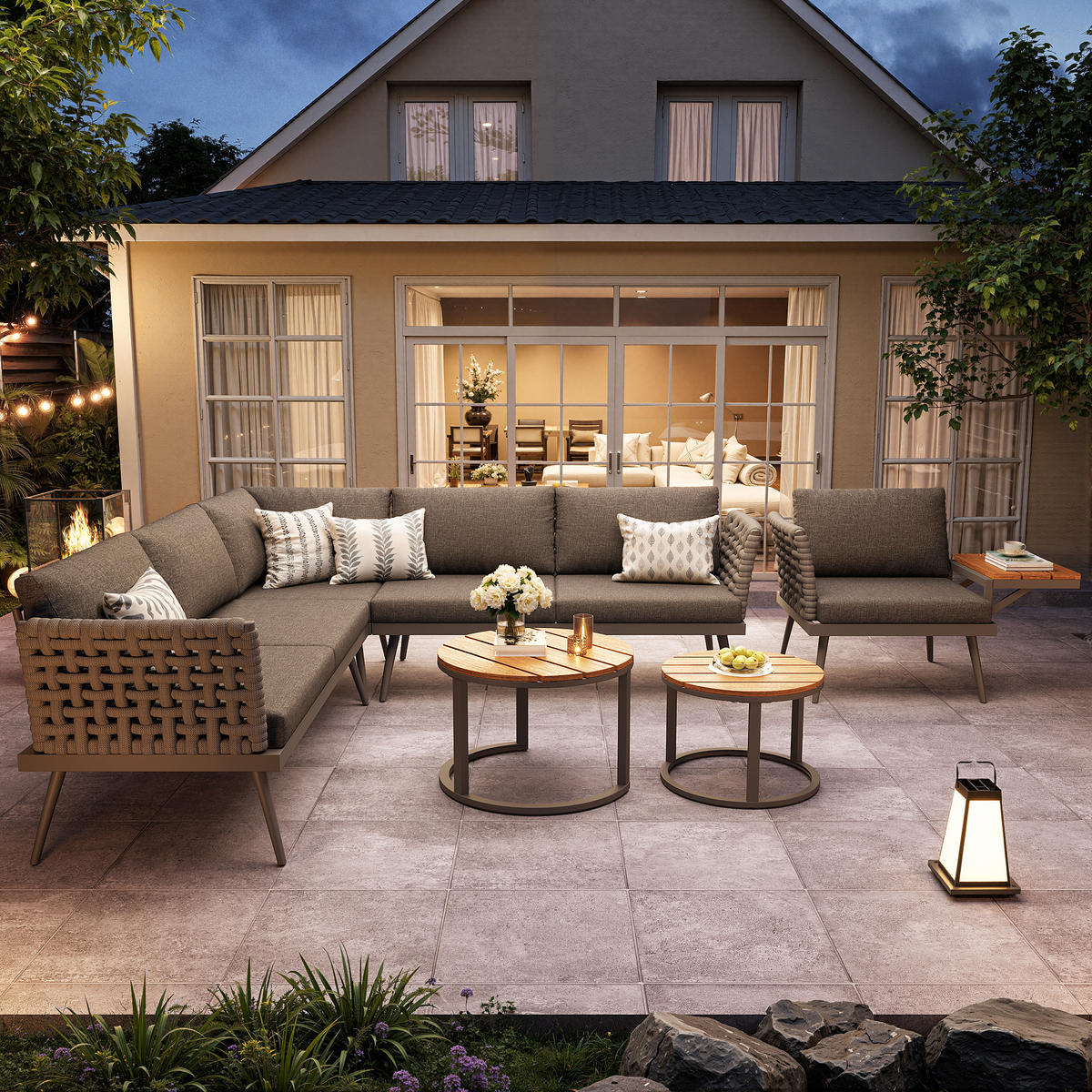 GARTENSET L-Form 6 Personen Grau Inkl. 2 Tische & Sessel Mit Polstern - Grau, Metall - FLIEKS