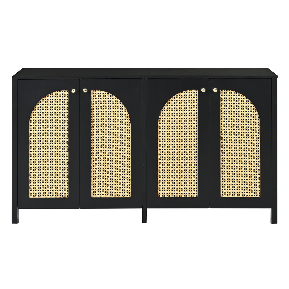 SIDEBOARD aus MDF mit 4 Kunst-Rattantüren und Metallgriffen Schwarz - Schwarz, Holzwerkstoff (145/40/80cm) - Modenvie