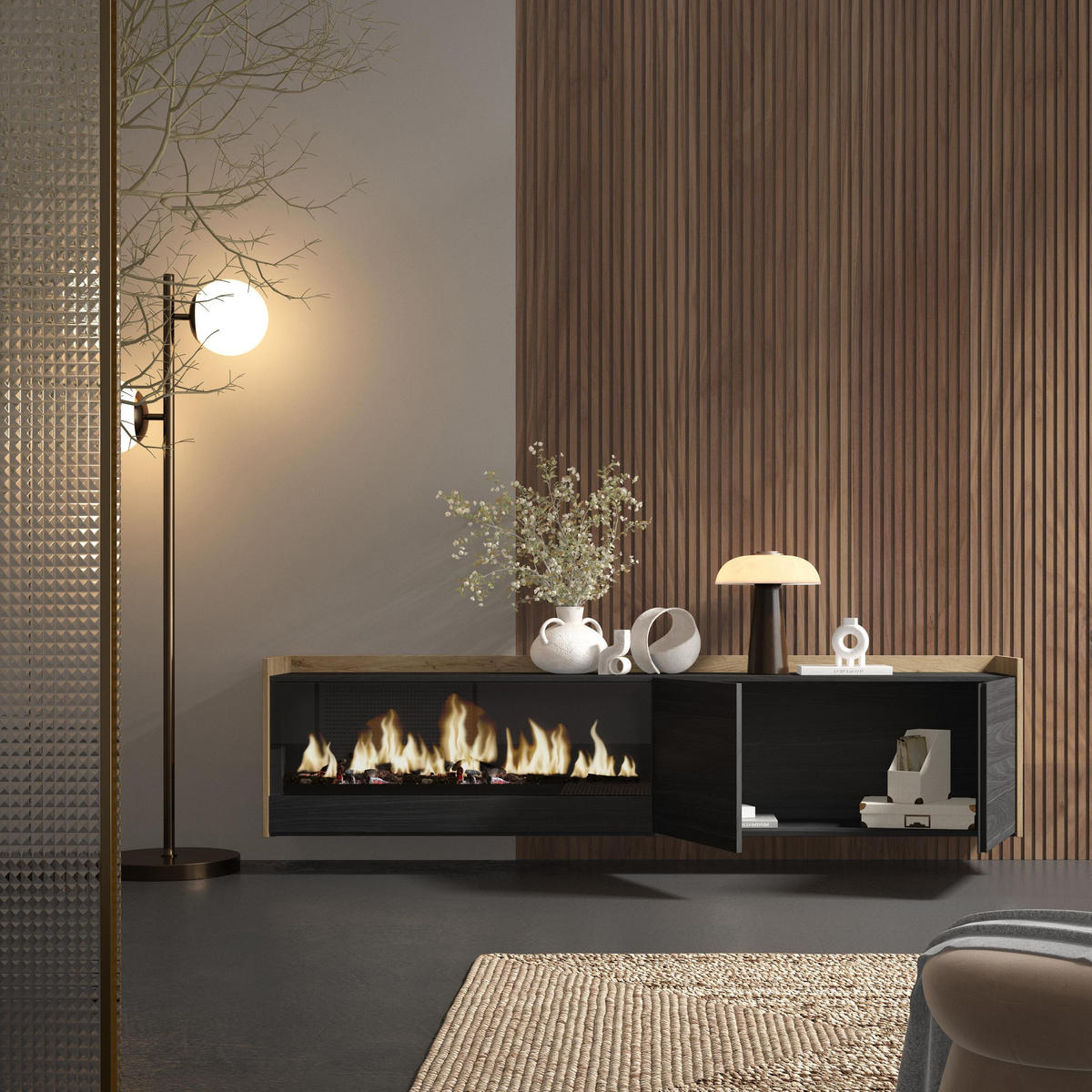 LOWBOARD, Schwarz und Eiche, 212/35/50cm, Kamin mit Feuereffekt XXL - Schwarz, Holzwerkstoff (212/50/35cm) - Skraut Home