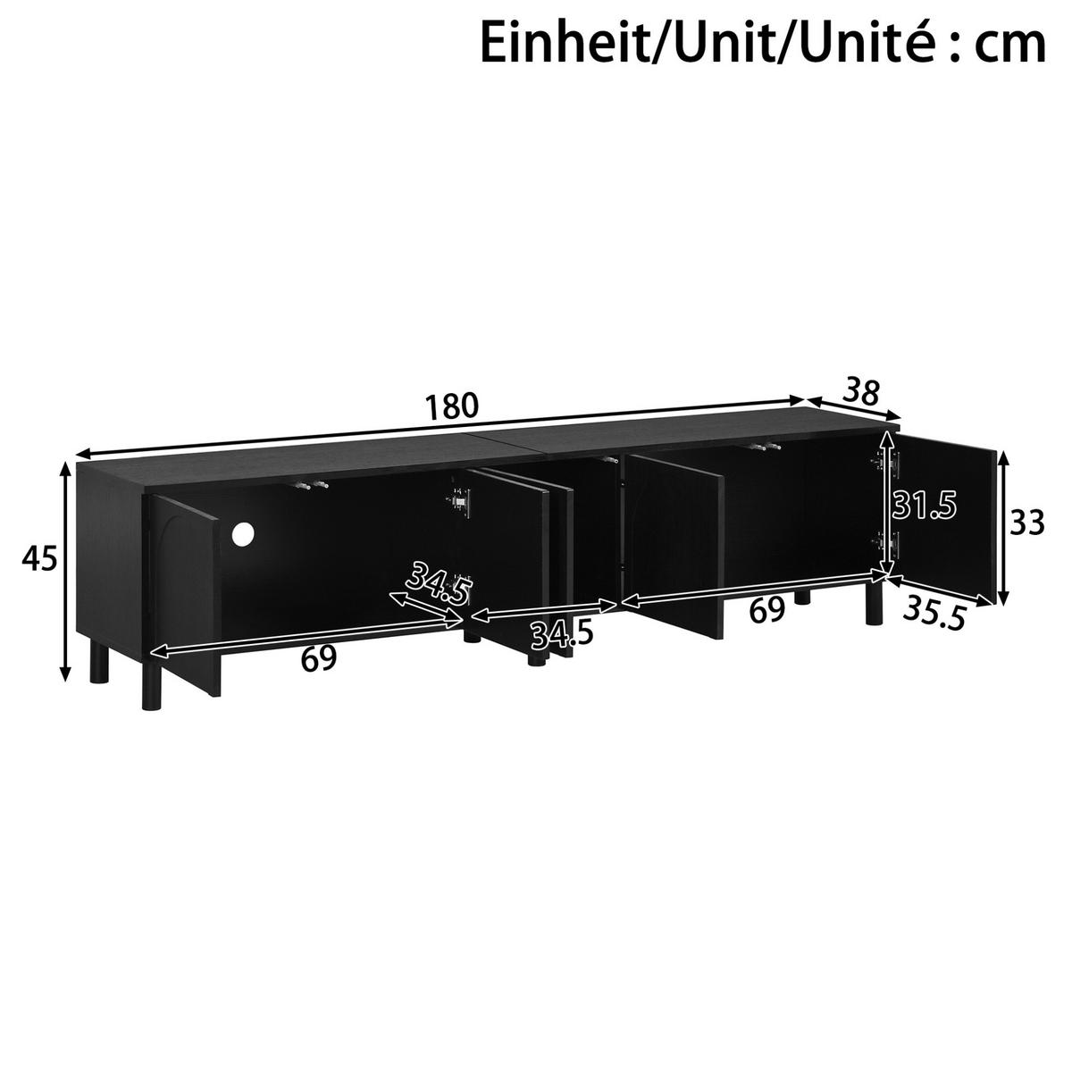TV-ELEMENT mit 5 Türen 180 x 38 cm MDF Schwarz - Schwarz, Holzwerkstoff (38/45/180cm) - Beauniv