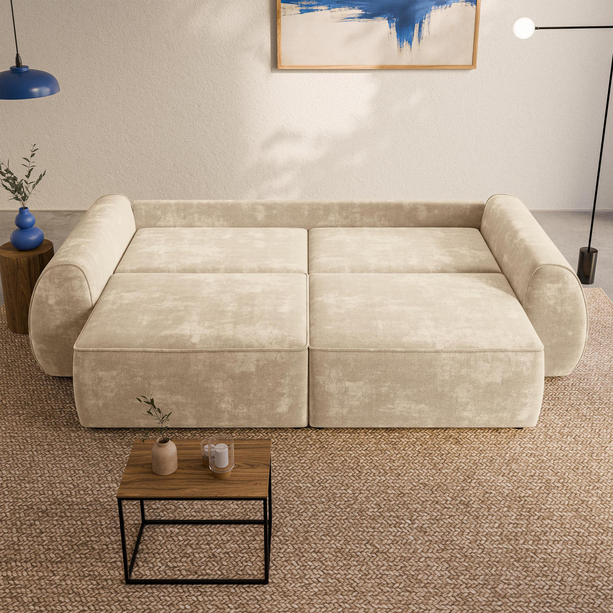 BETTSOFA ZEFEO Creme Chenille-Stoff mit Schlaffunktion - Creme, Textil (264/96/106cm) - MASSENO