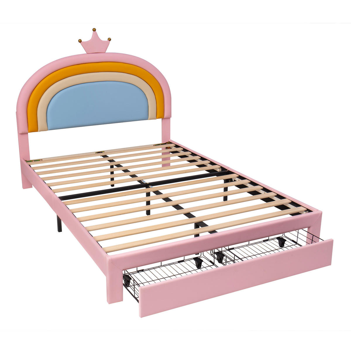 KINDER-POLSTERBETT aus PU 140x200 cm Rosa mit höhenverstellbarem Regenbogen-Kronen-Kopfteil und Schubladen - Pink, Kunststoff (140/200cm) - Modfu